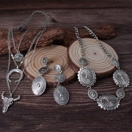 Western Concho Belt Cowgirl Necklace Dangle Earrings Jewelry set for Women Chain Belt3