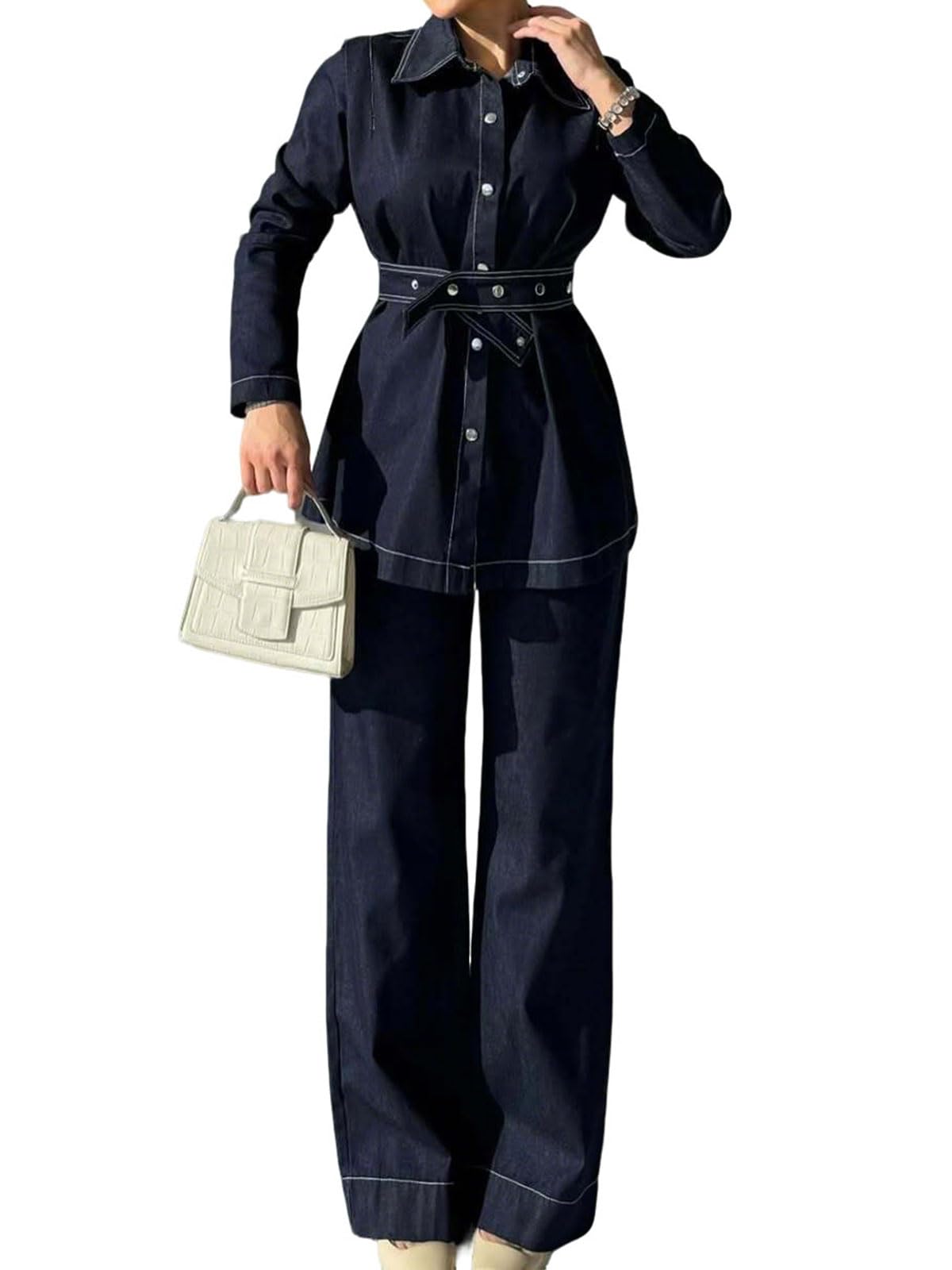 utcoco Womens Denim Two Piece Set Long Sleeve Belted Shirt Jacket High Waist Wide Leg Jeans Pants Outfit