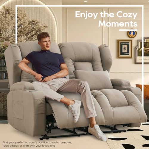 Image of IPKIG 54.2 inch RV Loveseat Recliner Sofa, Leathaire Fabric Wall Hugger Reclining Chair with Cup Holder and Side Pockets, Home Theater Seating Manual Recliner for Living Room (Khaki, Loveseat)