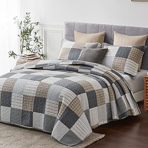 Y-Plwomen 100% Cotton Queen Quilt, Grey Brown White Patchwork Plaid Queen Quilt Set, Lightweight Reversible Soft Bedspread Queen Size For All Season, 3-Pieces #TOP1