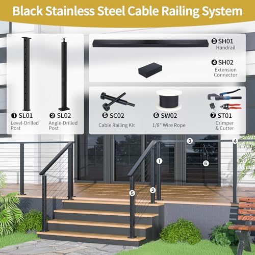 Sexyrobot 6\'6\" Black Cailing Railing Handrail T304 Stainless Steel for Indoor Outdoor Deck Stair Cailing Railing System Top Rail Brushed Rectangular Handrail SH01