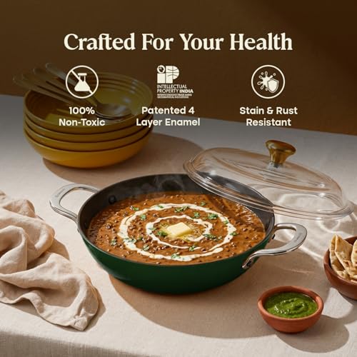 Image of CUMIN CO. Enamel Cast Iron Kadai LITE with Lid | 4L, 28 cm |5 Years Warranty | Non Toxic Heavy Bottom Kadhai for Frying | Induction & Gas Compatible | Chemical Free Coating | Green