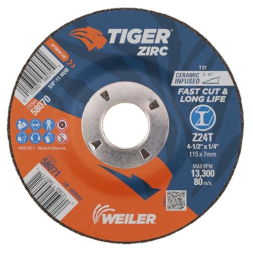 Image of Weiler 58071 4-1 /2 inch x 1 /4 inch Tiger Zirc Type 27 Grinding Wheel, Z24T, 7 /8 inch A.H. (Pack of 10)