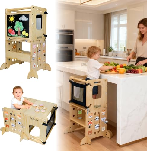 Image of Coozyupper Toddler Kitchen Stool Helper, CPC Certified Foldable Toddler Tower, Learning Wooden Tower with Support Feet and Chalkboard, Anti-Drop Structure, Safe Design for Kids, Natural