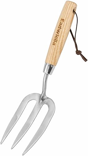 Herramienta de mano de horquilla de jardín, tenedor pequeño de 12 pulgadas con mango de madera de 3 dientes puntiagudos para jardinería, cultivo,