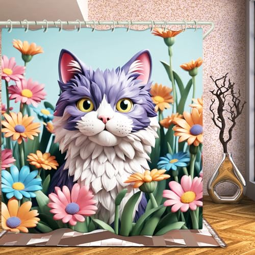 Image of LYFANS Bathroom with Purplish White Cat 3D Shower Curtains, Luxury Bathtub Standard Shower Curtain, Waterproof and Bright Fabric Shower Curtain Size (72x72 Inches)