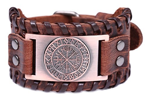 Lemegeton Viking Vegvisir Campass - Pulseras anchas de cuero para hombres, runas nórdicas vintage joyería