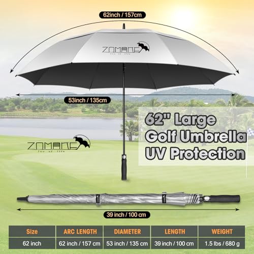 ZOMAKE Large Golf Umbrella UV Potection,62 Inch UV Blocking SPF Umbrellas for Sun Protection Windproof Heavy Duty Vented Double Canopy(Silver,Black) — view 3