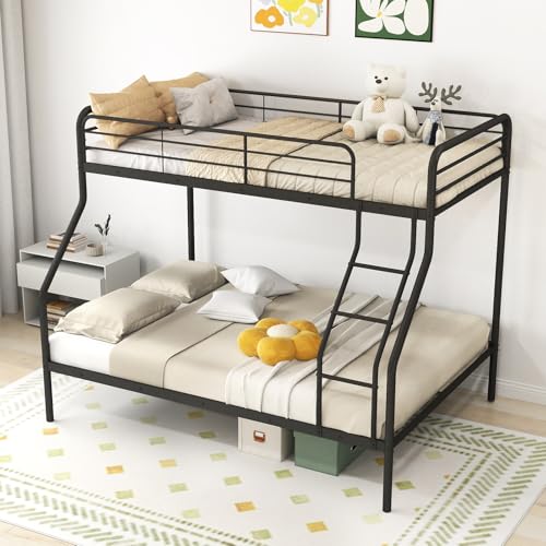 KOMFOTT Twin Over Full Metal Bunk Bed, Heavy-Duty Bed Frame with Inclined Ladder, Safety Guardrail, Metal Slats Support, Noise-Free Design, Space-Saving Bunk Bed Frame for Teens & Adults (Black)