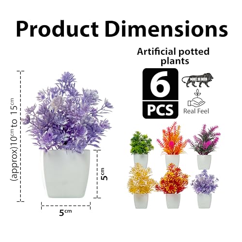 Image of JH Gallery Artificial Flower with Pot - Small Potted Faux Plants for Home Decor and Office Decor - Realistic Floral Decor, Perfect Home Decoration Items for Every Occasion. (Pack of 6)
