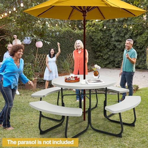 Image of Tangkula 8 Person Picnic Table, Outdoor Round Picnic Table with 4 Built-in Benches, Umbrella Hole, Metal Frame & HDPE Tabletop, Outside Table and Bench Set for Backyard, 2300lbs Weight Capacity