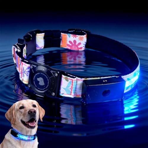 LED AirTag Dog Collar - Brightest Light Up Dog Collars - IP68 Waterproof Air Tag Dog Collar Holder - 1,600 Feet of High Visibility - Magnetic Charging - Dog Lights for Night Walking (Flower, L)