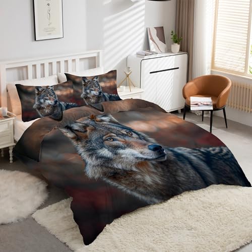 Parure de Lit Animaux Loup 240x260 Facile à Enfiler avec sa Fermeture Éclair