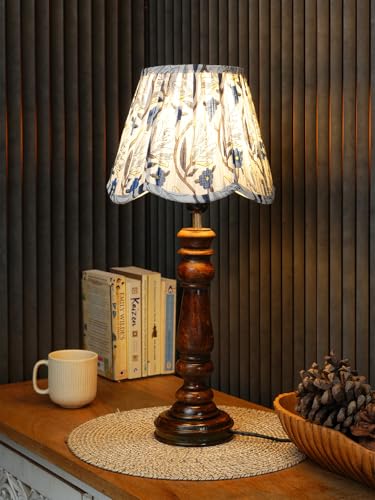 Image of Green Girgit Wooden Classic Lamp with Pleeted Multicolor Blue Floral Lotus Shape Lamp Shade