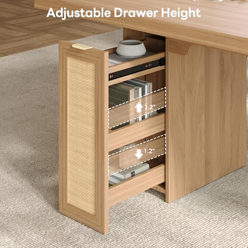 LIKIMIO-787-Farmhouse-Dining-Table-for-6-8-People-Extra-Thick-Wood-Top-with-2-Hidden-Adjustable-Storage-Drawers-Modern-Woven-Rattan-Table-for-Dining-Room-Kitchen-Living-Room-Rustic-White
