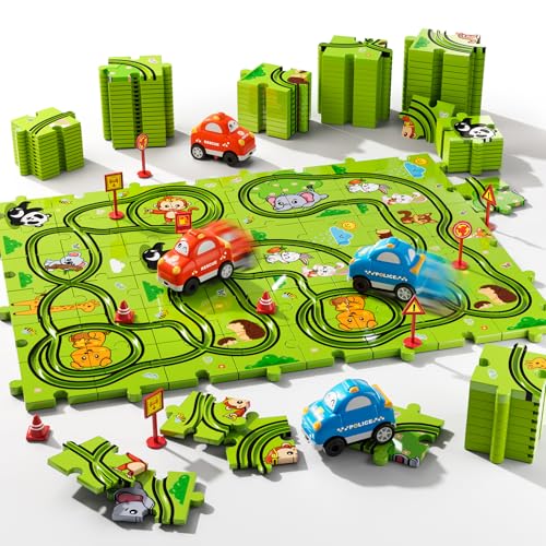 Beby Buty 48PCS Puzzle Race Track Car Set Toys for Kids Boys, Floor Puzzle Car Tracks for Boys Ages 3-5 4-6, Toddler Toys Gifts for 3 4 5 Year Old Kids, Ideal 3 4 5 6 Year Old Birthday Gifts