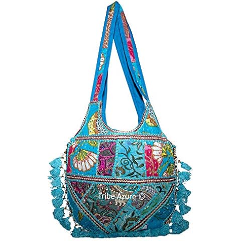 Tribe Azure Women Medium Shoulder Bag Tote Colorful Roomy Casual Boho Purse Travel Beach Top Handle Tassel Bright Blue Cover