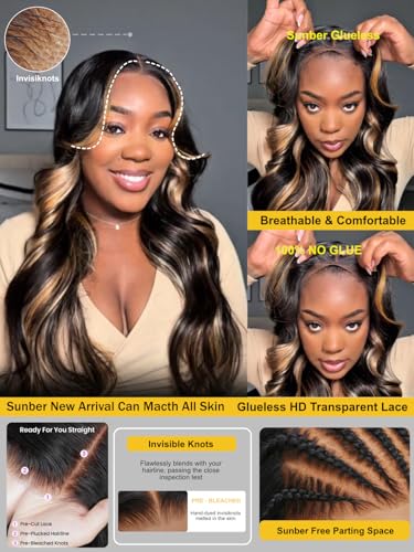 Image of Sunber Highlights Blonde Pre Cut 7x5 Lace Bye Bye Knots Loose Wave Wigs 24 inch | Human Hair Glueless Wigs 150% Density Pre Plucked Pre Bleached Knots