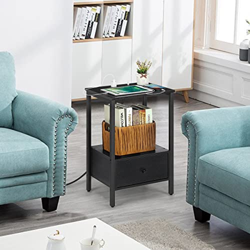 melos Side Table with Charging Station, Nightstand with USB Ports & Power Outlets, Narrow End Table with Drawer and Storage Shelf for Small Spaces, Bedside Tables for Bedroom, Living Room, Black