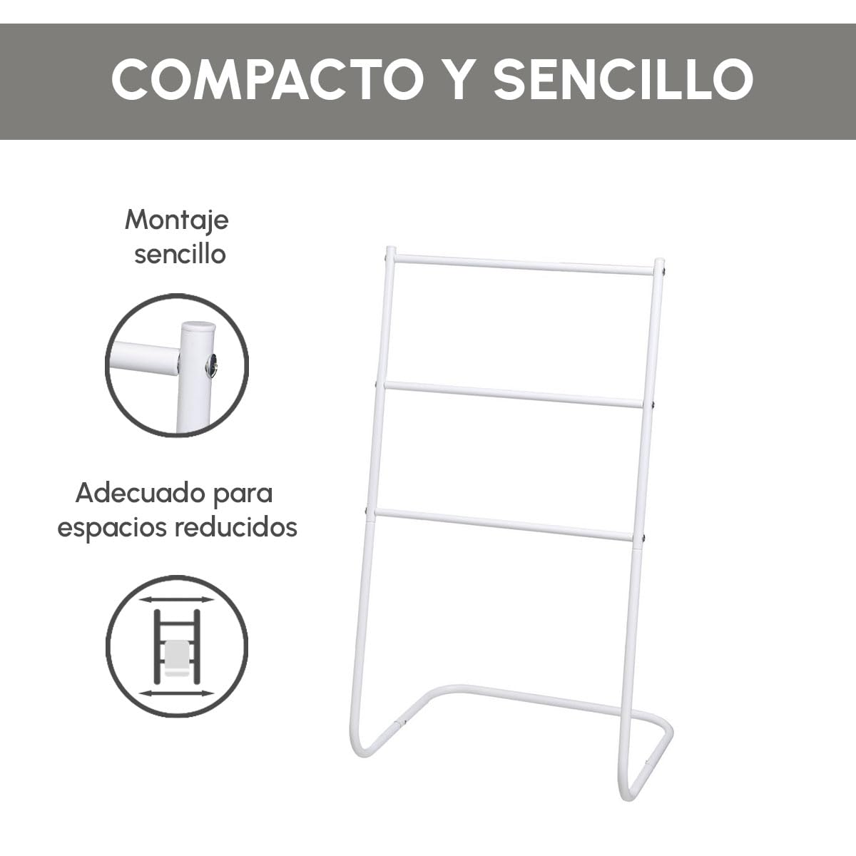 Toallero de pie con 3 Brazos de Metal Pintado al Polvo en Color Blanco. Distancia Entre Barras: 19 cm. Medida Base: 46x35 cm. Altura 82 cm. Soporta 10 kg. Requiere Montaje