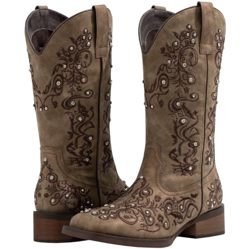 SheSole Women Cowboy Boots Sparkle Western Cowgirl Boots for Ladies Rhinestone Wide Square Toe Mid Calf Floral Shoes Brown US Size 8