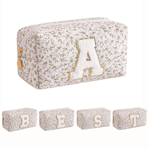 Alphabet Makeup Bag Cosmetic Bag for Women, Christmas Gifts for Girls Age 11-18, Personalized Floral Coquette Travel Bag, Trendy Stuff Zipper Make Up Pouch Organizer Bag (Purple Floral ZA)