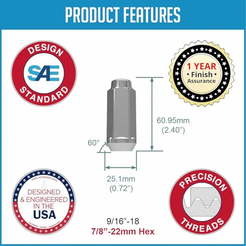 Image of Wheel Accessories Parts 32 Pcs 9 /16 inch-18 Thread Bulge Acorn 2.40 inch Long Lug Nuts Chrome 22mm 7 /8 inch Hex Fits Chevrolet GMC C20 K20 K30 K35 C2500 C3500 | Ram 2500 3500 | Dodge RAM 150 Mega Cab |