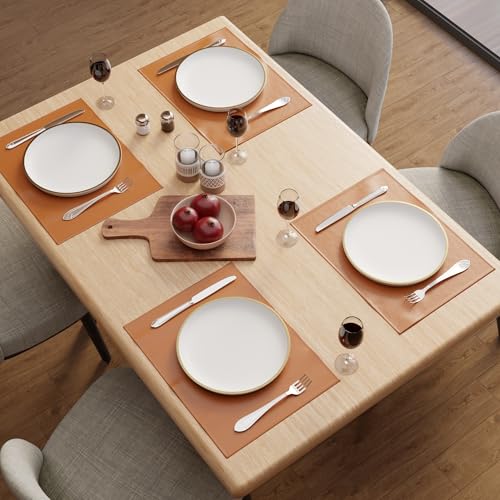 Image of Encasa XO Leather Dining Table Mats Set of 4 | Water Repellent & Heat Resistant Dining Table Mats | Washable & Easy to Clean Placemats for Kitchen Decor - 42x30 cm (Tan)
