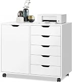 BRO A SIS Archivero Móvil Blanco con 5 Cajones y Gabinete Lateral, Cajonera Organizadora de Madera para Oficina, Maquillaje y Hogar, Mueble con Ruedas y Cierre Suave (Blanco)