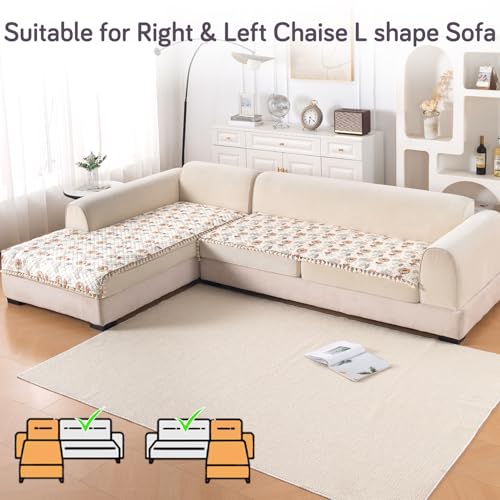 Image of HOKIPO Wildflower Breeze L Shape (3+2 Seater) Sofa Seat Mat with Tassel| Quilted Sofa Cover Mat, 'Tassel Twigs' Series (IN-984-T7 + IN-986-T7)