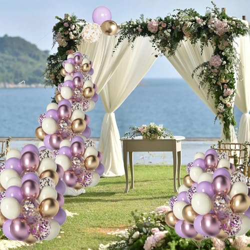 Image of Purple & Gold Balloons - 60pcs 12inch Metallic Lavender & Champagne Balloons with Confetti for Graduation, Wedding, Birthday & Anniversary Celebrations