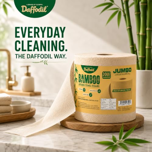 Image of DAFFODIL Jumbo 2 Ply Bamboo Kitchen Towels - 300 Pulls, Pack of 1 Roll | 100% Pure Bamboo Pulp | Eco-Friendly | Super Absorbent | Food Safe | Strong & Soft Disposable Kitchen Tissue Roll