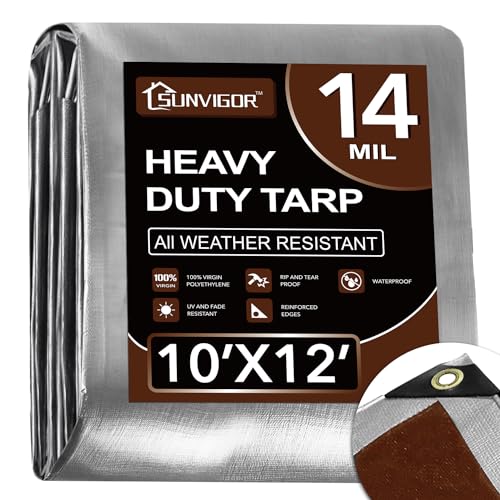 Sunvigor Tarp Waterproof 10x12Ft, Heavy Duty Tarp Cover Extra Thick 14 Mil Tear and UV Resistant, Outdoor Tarps with Grommets and Reinforced Edges for Roof, Camping, Patio, Pool, Boat (Silver/Brown) by Sunvigor - Used condition - US$21.17