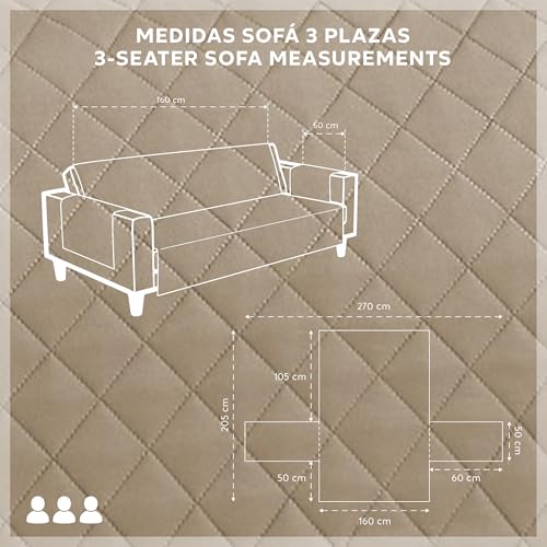 Textilhome Sofa Überzug MALU, Sofabezug 3-Sitzer (160 cm), Couch Überzug Gepolstert & Wende, Sofaschoner SofaÜberwurf Schutzdecke, Universell, Haustierfreundlich, Farbe Beige