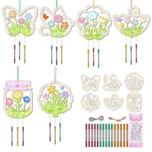 12PCS Spring Wind Chime Kit Make Your Own Hollow Out Floral Wind Chime DIY Coloring Wood Crafts Spring Wooden Arts and Crafts for Home School Activities Party Decoration