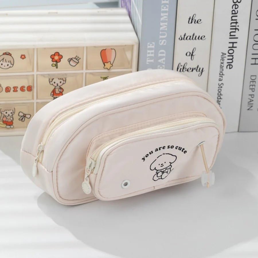 Image of Cute Cartoon Double Zipper Pencil Pouch for Girls & Boys - Large Capacity School Stationery Organizer with Front Pocket, Waterproof Fabric Pen Case for Students (Your are so cute-Cream)