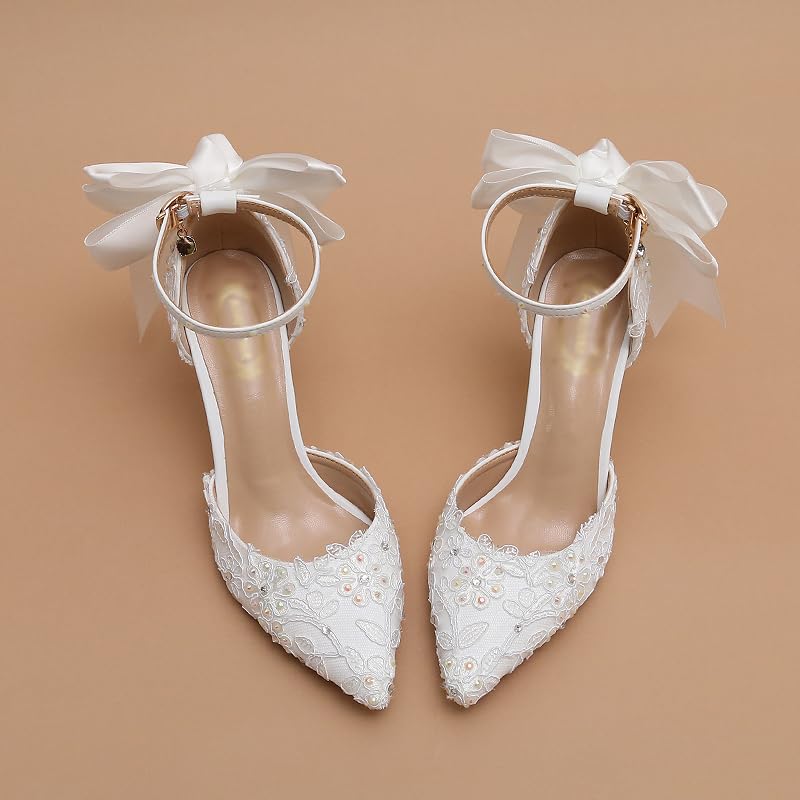 White lace Rhine-Diamond Pointy Heels Sweet Bow Stiletto Bridal Shoes4
