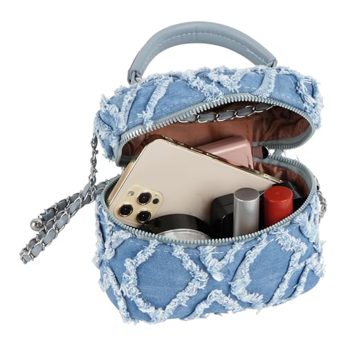 Image of Women Denim Mini Bucket Shoulder Crossbody Bag Drawstring Quilted Distressed Tassel Barrel Shape Satchel Purse