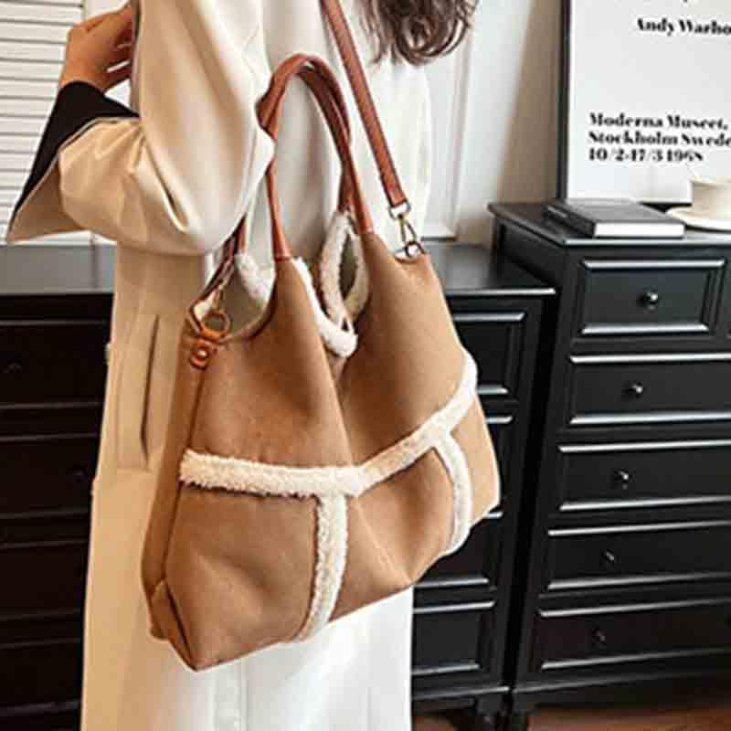 Women's multifunctional large capacity tote bag, suede crossbody bag, plush handbag - Image 3