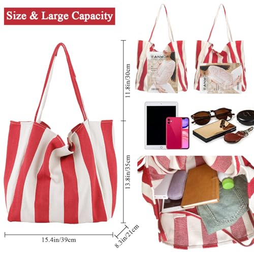 Image of Striped Canvas Tote Handbag for Women Vertical Stripe Large Capacity Shoulder Bag for Shopping Travel