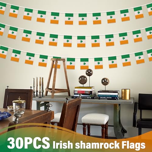 Image of Irish Shamrock String Flag Pennant Banner, Small Mini Ireland Clover Flags Bunting Banner, St Patrick's Day Decoration for School, Holiday, Party, Events, Festival, 33 Feet 30 Flags
