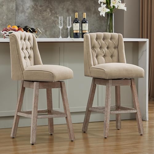 Image of Swivel Bar Stools Set of 2, Counter Height Barstools with Back, Linen Fabric Upholstered Bar Stools, 28 inch Modern Barstools Wood Legs for Kitchen Island Dining Room Bar