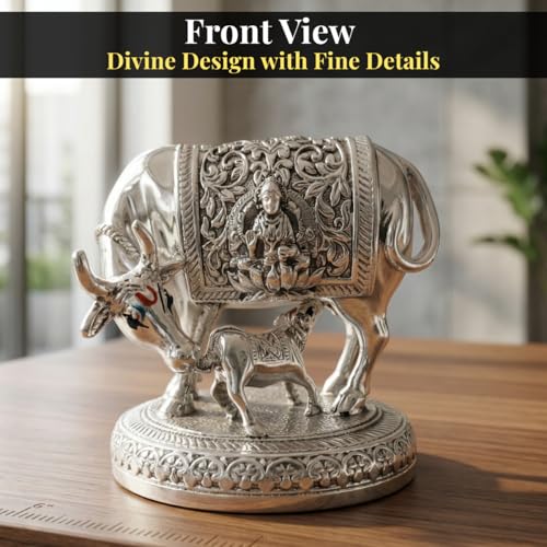 Image of 999 Pure Silver Plated Kamdhenu Cow Idol - 6 Inch Large Auspicious Vastu Home Decor for Pooja Room and Mandir - Sacred Symbol of Prosperity, Abundance and Success