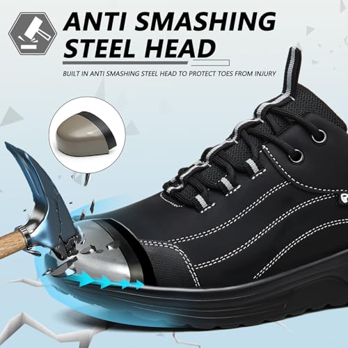 Image of Hogent Steel Toe Shoes for Men & Women, Anti-Smashing Puncture Resistant Lightweight Comfortable Cushioned Work Shoes, All-Day Wear Construction Safety Sneakers Black
