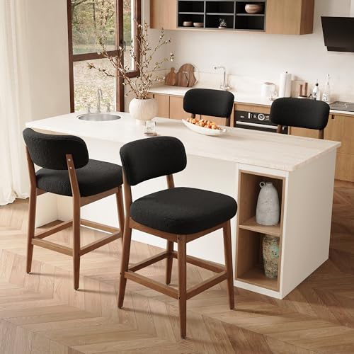 Image of Counter Height Bar Stools Set of 4, Mid-Century Modern Boucle Bar Chairs with Solid Wood Frame, Fluffy Upholstered Stools with Backrest for Kitchen Island, Home Bar, Charcoal Black