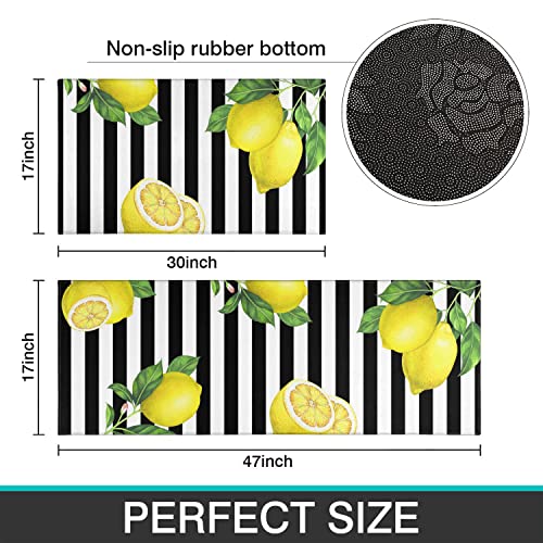 Ideasonna Lemon Kitchen Rug Mat Set Of 2 Black And White Stripe Kitchen Rugs Kitchen Floor Mats Non Slip Washable Lemon Kitchen Decor Decorations #TOP5
