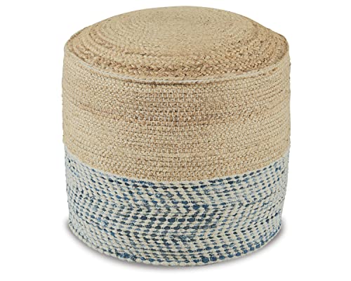Image of Signature Design by Ashley Sweed Valley Braided Round Pouf Ottoman, 19 x 19 Inches, Blue & Beige