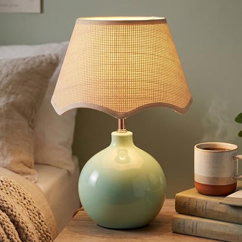 Berliget Green Ceramic Table Lamp with Woven Rattan Shade, 13 Inch Small Bedside Boho Table Lamp, Cute Mini Small Nightstand Lamps for Bedroom, Nursery, Living Room, Office, Counter