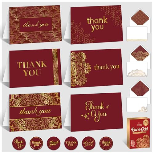 Decorably 24 Pack Gold Foil 6x4in Red Thank You Cards with Envelopes and Stickers, 6 Elegant Designs for Friends, Family, Loved Ones, Blank Inside - All Occasions, Holidays, Gifting, Mailing