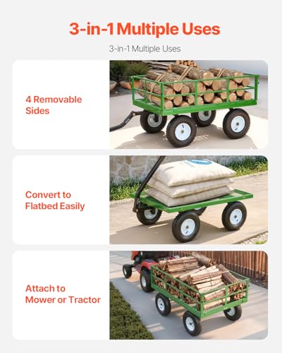 Image of VEVOR Steel Garden Cart, 1200 lbs Heavy Duty Pullable Garden Wagon Yard Cart, 2 in 1 Outdoor Metal Utility Wagon Yard Trailer with 13 inch All Terrain Tires, Mesh Detachable Sides and 180 Rotating Handle
